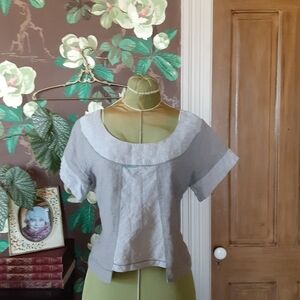 Zelti Cotton & Linen Short Sleeve Top | Artisan Stitch Detail Breathable Blouse